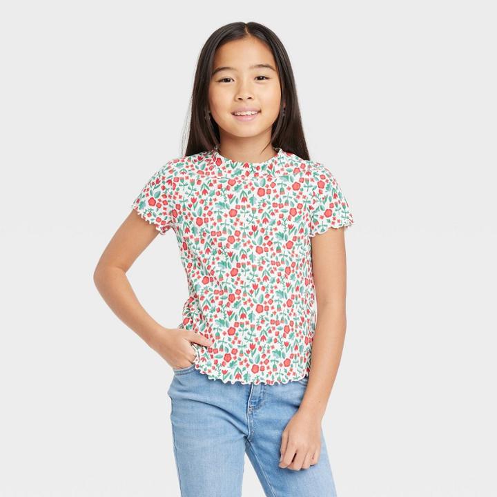 Girls' Short Sleeve Rib T-shirt - Cat & Jack Cream Floral Xs, Ivory Floral