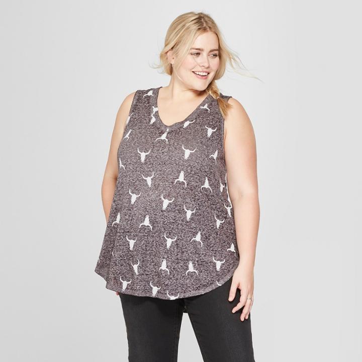 Women's Plus Size Longhorn Print V-neck Graphic Tank Top - Zoe+liv (juniors') Charcoal