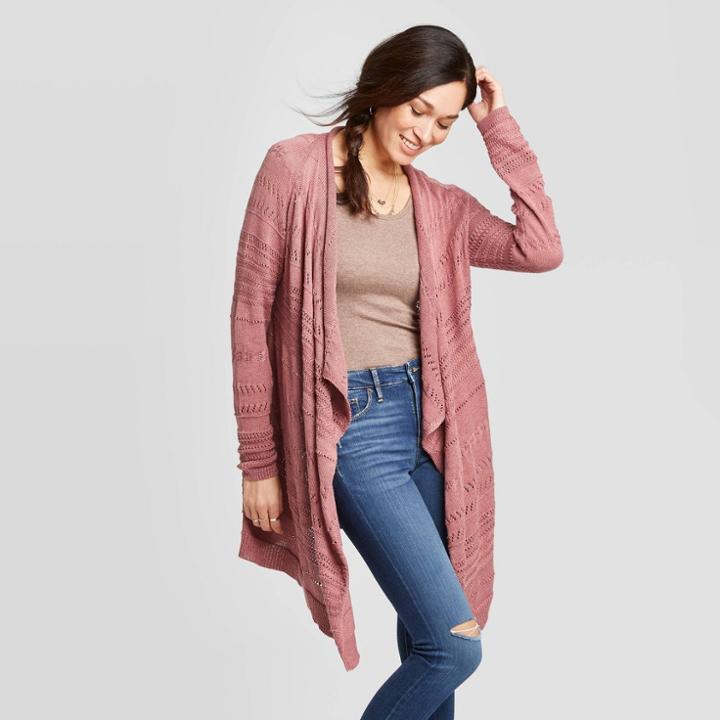 Women's Textured Long Sleeve Open Cardigan - Knox Rose Pink