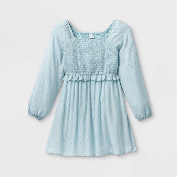 Girls' Smocked Challis Long Sleeve Dress - Art Class Blue