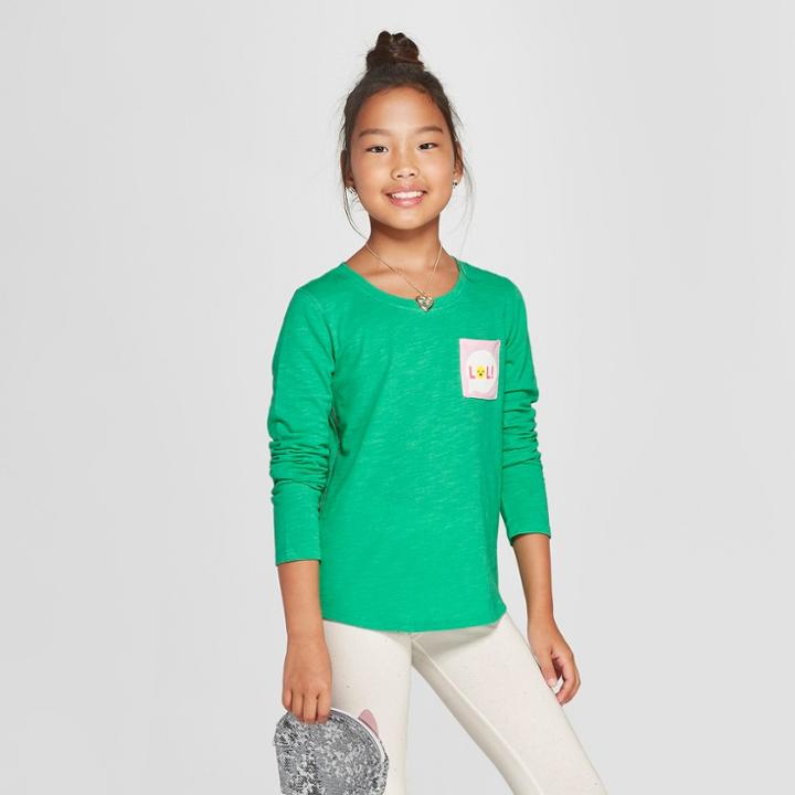 Girls' Long Sleeve Lol Pocket T-shirt - Cat & Jack Green