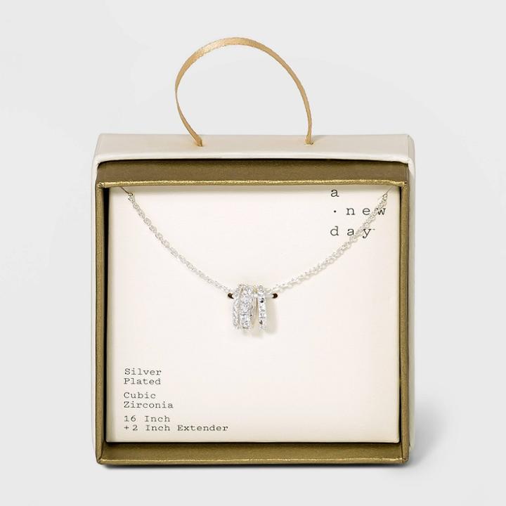 Silver Plated Cubic Zirconia Trio Ring Chain Necklace - A New Day