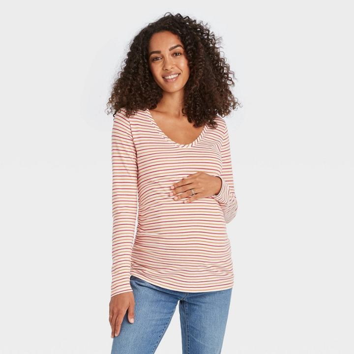 Long Sleeve Scoop Neck Side Shirred Maternity T-shirt - Isabel Maternity By Ingrid & Isabel Light Off-white