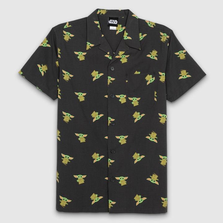Men's Star Wars: The Mandalorian Yoda Woven Button-down Shirt - Charcoal Gray