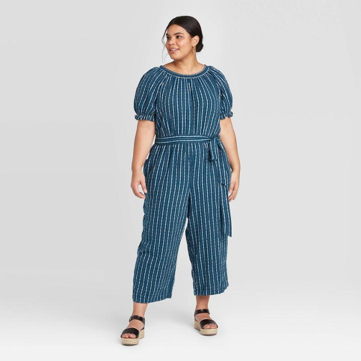 Women's Plus Size Striped Short Sleeve Crewneck Smocked Jumpsuit - Universal Thread Blue 1x, Women's,