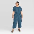 Women's Plus Size Striped Short Sleeve Crewneck Smocked Jumpsuit - Universal Thread Blue 1x, Women's,