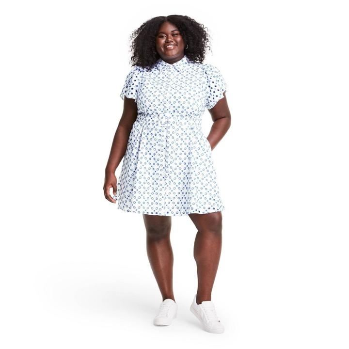 Plus Size Dot Tulip Sleeve Embroidered Shirtdress - Alexis For Target White/blue