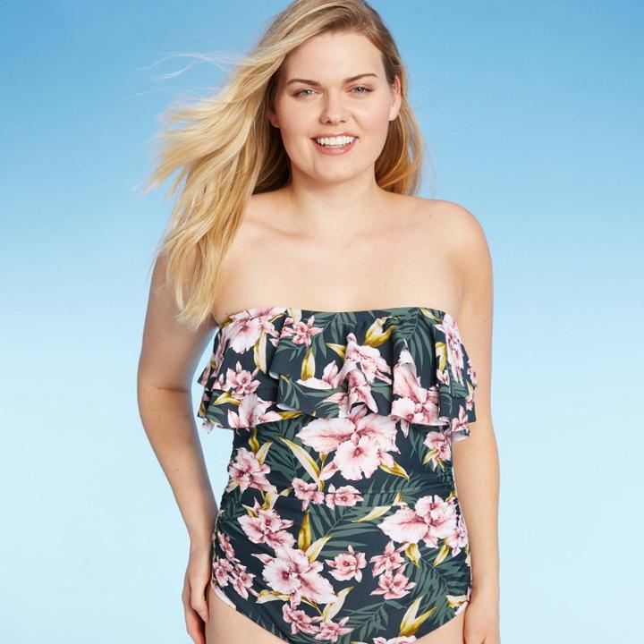 Women's Bandeau Flounce High Coverage One Piece Swimsuit - Kona Sol Floral