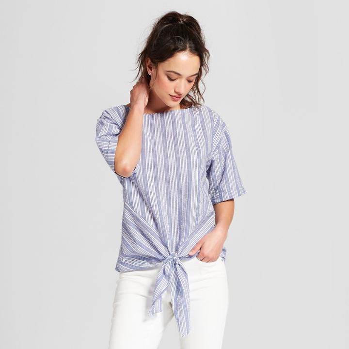 Women's Striped Short Sleeve Tie Front Shirt - Como Black White