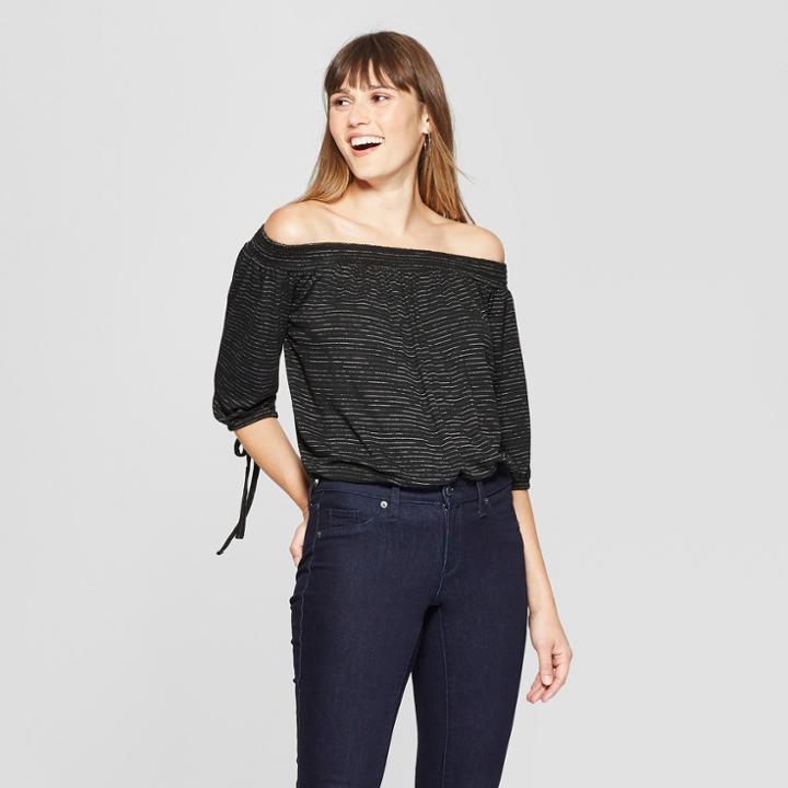 Women's Striped 3/4 Sleeve Off The Shoulder Top - Knox Rose Black