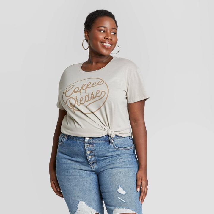 Fifth Sun Women's Plus Size Coffee Please Short Sleeve Graphic T-shirt - Taupe 1x, Brown/brown