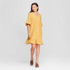 Women's Short Sleeve Ruffle Gauze Linen Dress - Loramendi - Gold