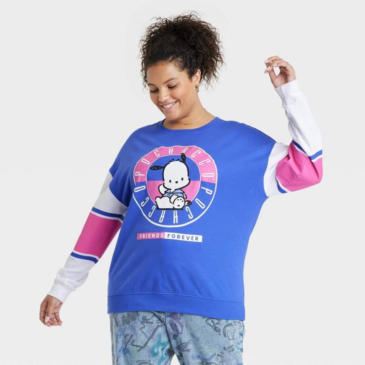 Sanrio Women's Hello Kitty Plus Size Pochacco Collegiate Graphic Sweatshirt - Blue