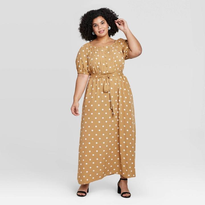 Women's Plus Size Floral Print Short Sleeve Button-front Maxi Dress - Ava & Viv Brown X, Women's