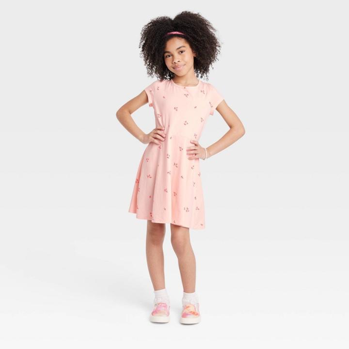 Girls' Printed Short Sleeve 100% Cotton Knit Dress - Cat & Jack Light Peach