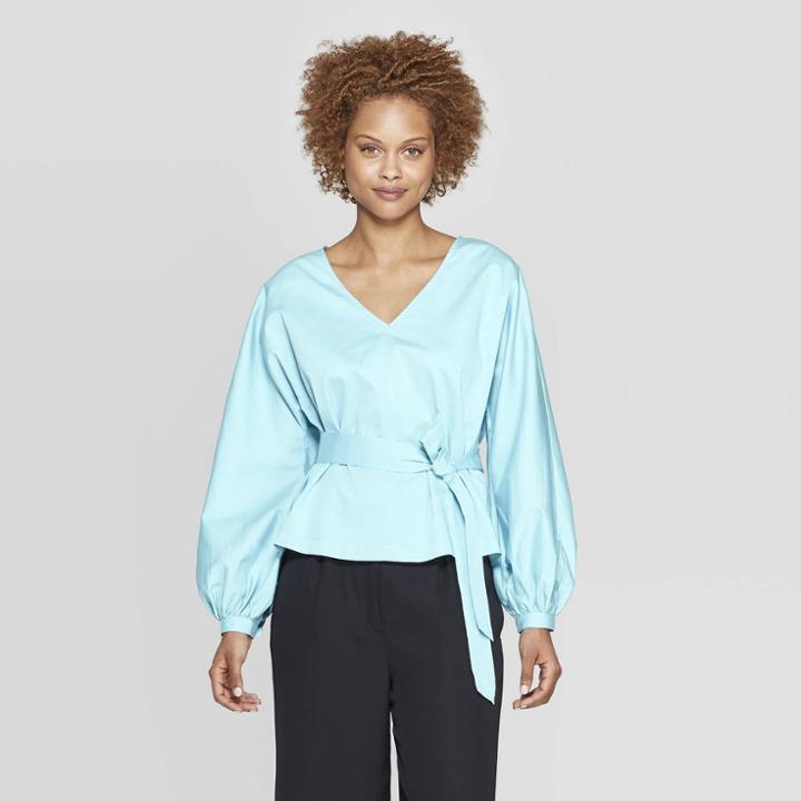 Women's Long Sleeve V-neck Tie Waist Dolman Blouse - Prologue Blue