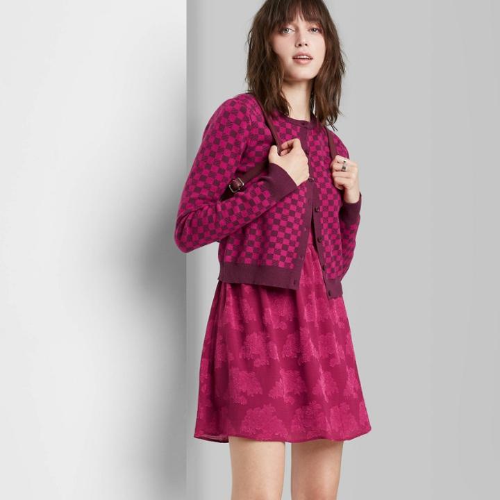 Women's Button-front Cropped Cardigan - Wild Fable Burgundy Checkered