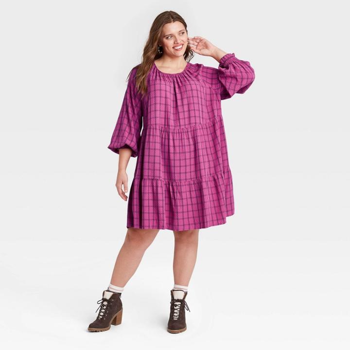 Women's Plus Size Plaid Balloon Long Sleeve Tiered Babydoll Dress - Universal Thread Purple