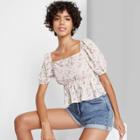 Women's Puff Short Sleeve Eyelet Square Neck Peplum Top - Wild Fable White Floral