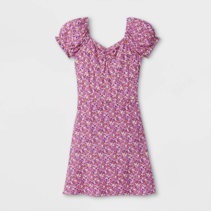Girls' Puff Sleeve Floral Knit Dress - Art Class Purple