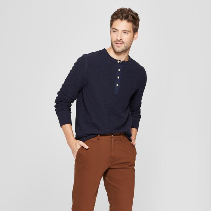 Men's Standard Fit Long Sleeve Textured Henley Shirt - Goodfellow & Co Federal Blue