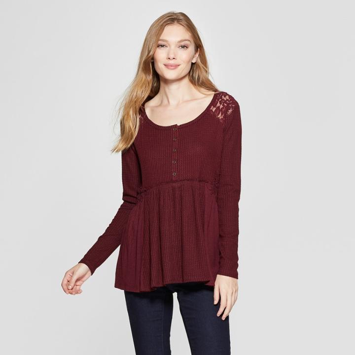Women's Long Sleeve Waffle Peplum Top - Knox Rose Burgundy
