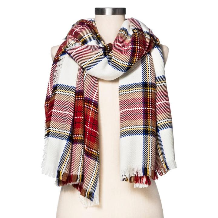 Merona Women's Cozy Plaid Blanket Wrap Scarf White Red -