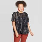 Women's Plus Size Floral Print Flutter Short Sleeve Crewneck Blouse - Ava & Viv Black