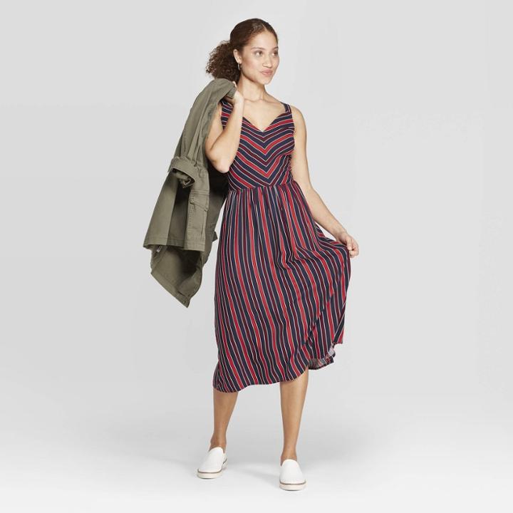 Women's Striped Relaxed Fit Sleeveless Deep V-neck Midi Dress - A New Day Navy