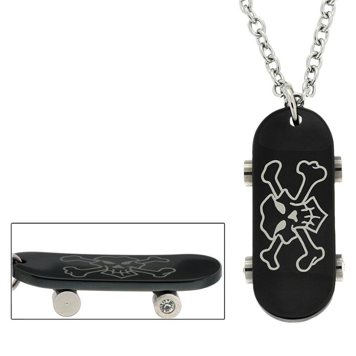 Distributed By Target Men's Stainless Steel And Cubic Zirconia Black Skull Skateboard Necklace