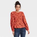 Women's Floral Print Puff 3/4 Sleeve Smocked Blouse - Universal Thread Coral