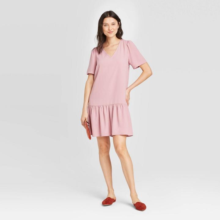 Women's Short Sleeve Ruffle Hem Dress - A New Day Purple