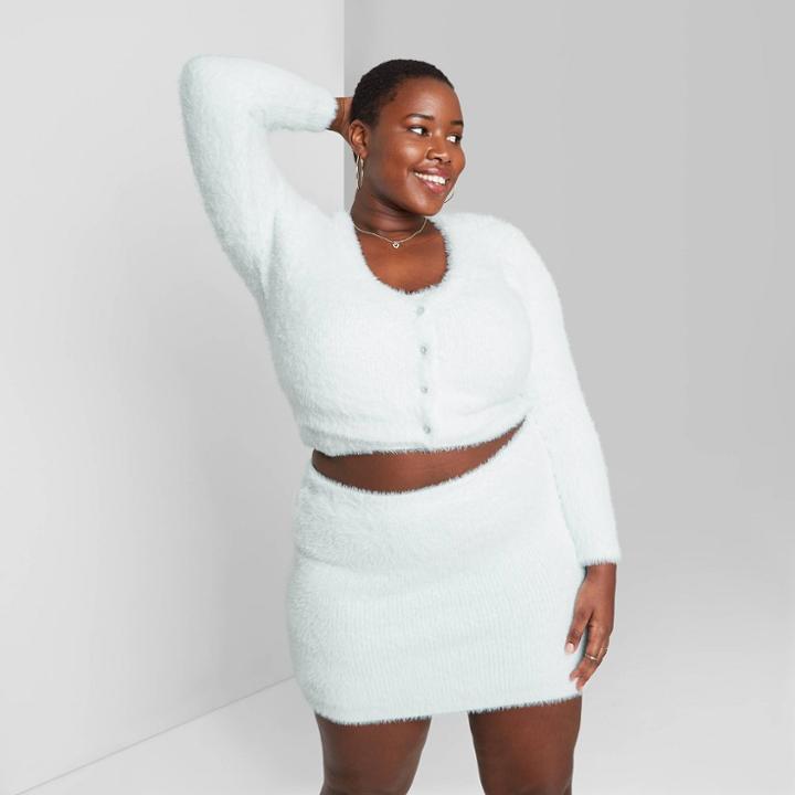 Women's Plus Size Fuzzy Cropped Cardigan - Wild Fable Aqua