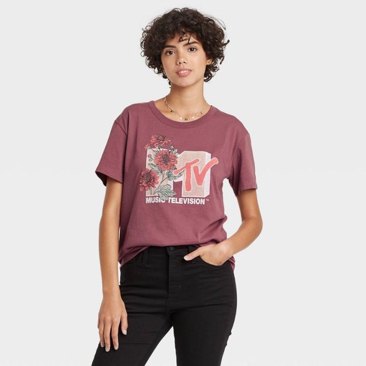Women's Mtv Floral Print Short Sleeve Graphic T-shirt - Burgundy