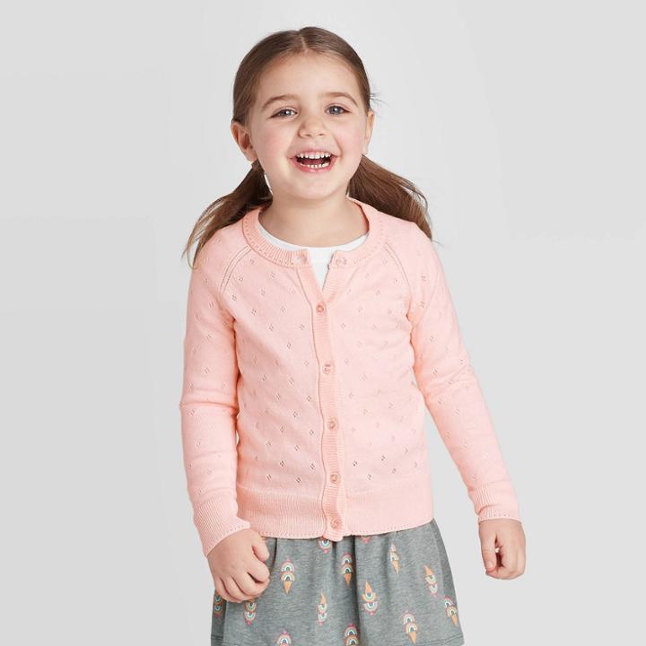 Toddler Girls' Crew Neck Long Sleeve Pointelle Cardigan - Cat & Jack Pink 12m, Toddler Girl's