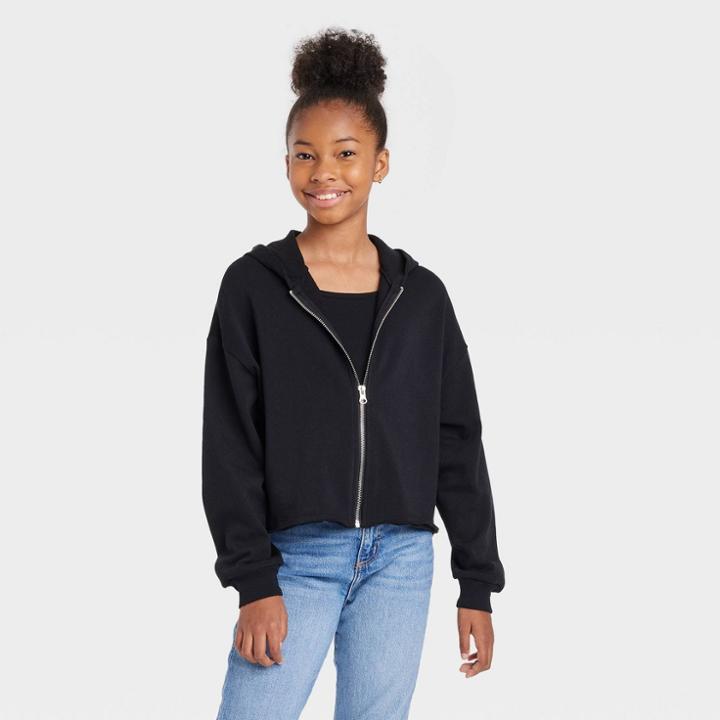 Girls' Cropped Boxy Zip-up Hoodie - Art Class Black