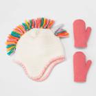 Toddler Girls' Chunky Knit Unicorn Hat And Glove Set - Cat & Jack Cream/pink 12-24m, Ivory/pink