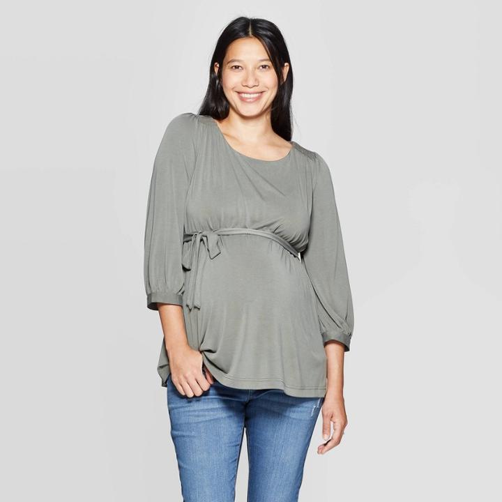 Maternity Crewneck Long Sleeve Sandwashed Top - Isabel Maternity By Ingrid & Isabel Olive M, Women's, Green