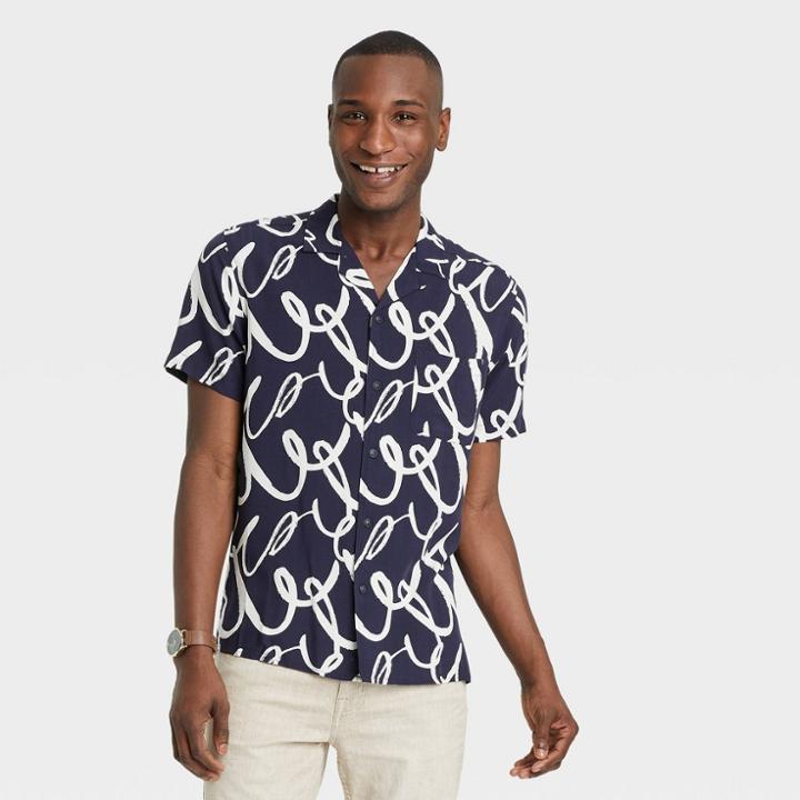 Men's Printed Standard Fit Short Sleeve Button-down Shirt - Goodfellow & Co Navy Blue/wave