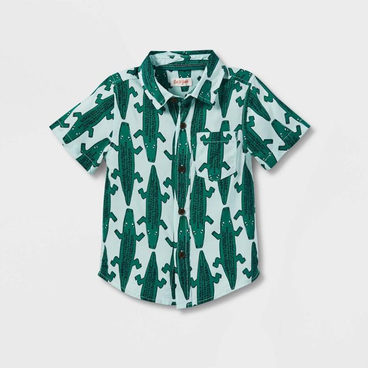 Toddler Boys' Alligator Challis Short Sleeve Button-down Shirt - Cat & Jack Forest Green