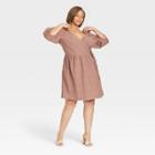 Women's Plus Size Balloon Elbow Sleeve Tie Waist Wrap Dress - A New Day Brown