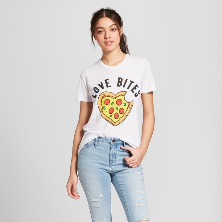 Women's Love Bites Pizza Short Sleeve Crew Neck T-shirt (juniors') - Mighty Fine White