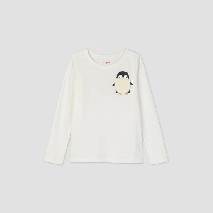 Girls' Long Sleeve Penguin Pocket T-shirt - Cat & Jack Cream