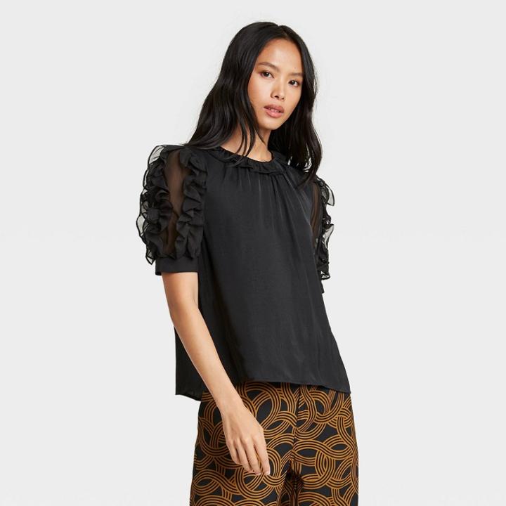 Women's Puff Elbow Sleeve Ruffle Top - Who What Wear Black