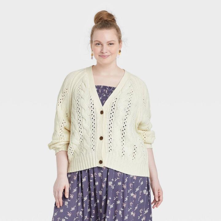 Women's Plus Size Button-front Cable Stitch Cardigan - Universal Thread Cream
