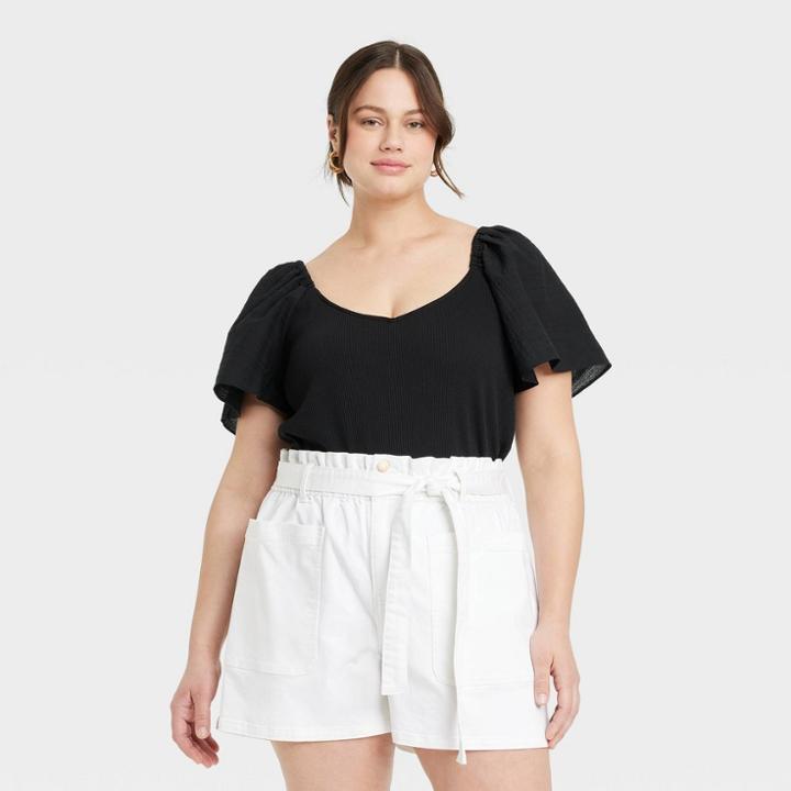 Women's Plus Size Flutter Short Sleeve Ribbed Blouse - Ava & Viv Black X