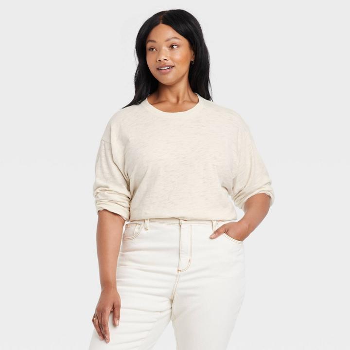 Women's Plus Size Long Sleeve Varsity T-shirt - Universal Thread Cream