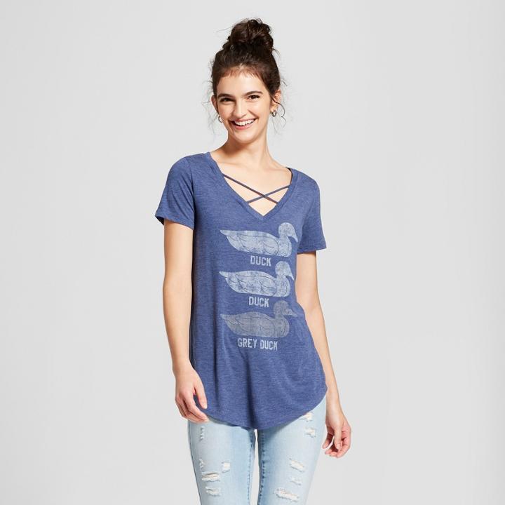 Women's Minnesota Duck, Duck, Gray Duck Short Sleeve Cross Front Drapey Graphic T-shirt - Awake Navy