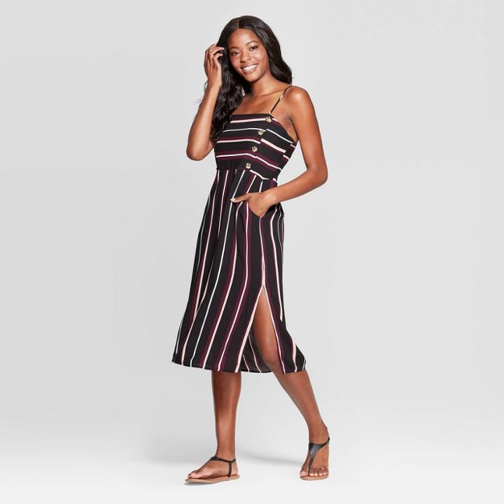 Women's Striped Sleeveless Square Neck Side Button Midi Dress - Xhilaration Black