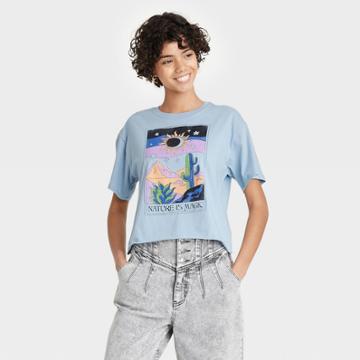 Mighty Fine Women's Nature Is Magic Desert Short Sleeve Cropped Graphic T-shirt - Blue